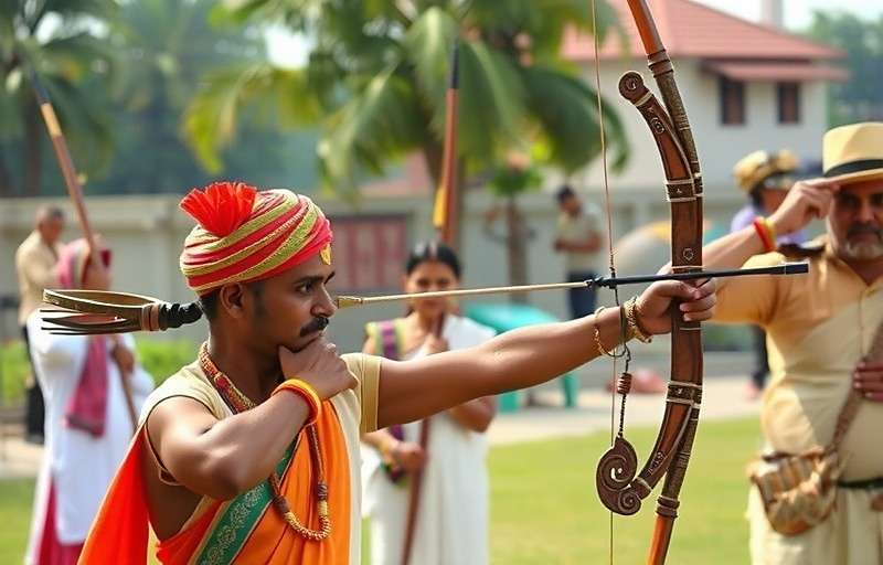 Archery Ace India Training Guide Archery Ace India training scene with traditional guru teaching archery techniques and Archery Ace India watermark